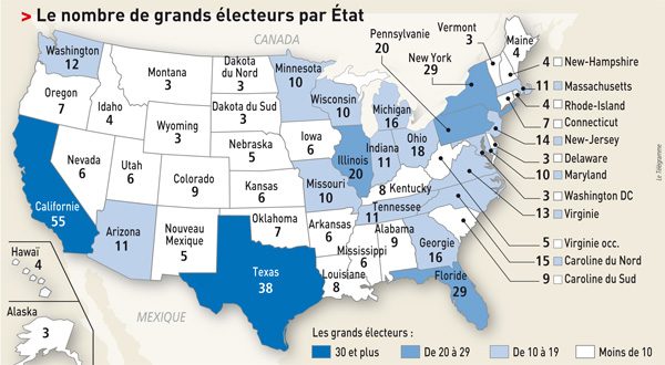Répartition des grands électeurs par États. Source: Le Télégramme.